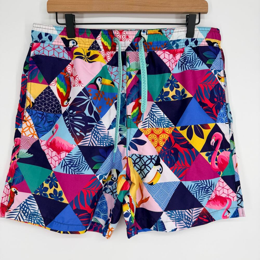 Surf Society Swimwear Colorful Tropical Swim Trunks Mesh Liner Pockets Mens Lrg